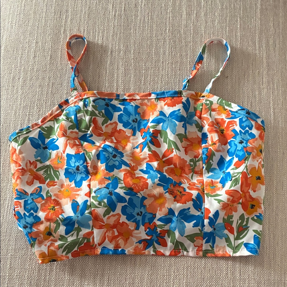 SHEIN Blue & Orange Floral Spaghetti Strap Crop Top